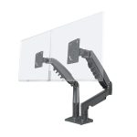 rack para 2 monitores 17 a 30 pulgadas brazo gas spring vista lateral, soporte monitor vesa 75x75 100x100 brazo articulado, brazo monitor con gas spring 9kg giro 90 grados, soporte monitor rotación 360 inclinación +85 -30 grados, rack monitor escritorio ergonómico altura ajustable 26cm