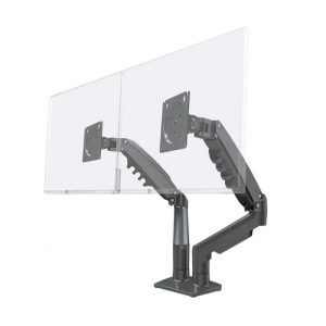 rack para 2 monitores 17 a 30 pulgadas brazo gas spring vista lateral, soporte monitor vesa 75x75 100x100 brazo articulado, brazo monitor con gas spring 9kg giro 90 grados, soporte monitor rotación 360 inclinación +85 -30 grados, rack monitor escritorio ergonómico altura ajustable 26cm