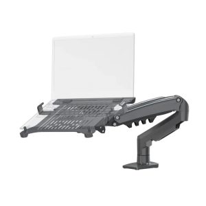 rack para laptop brazo gas spring vista lateral, soporte monitor vesa 75x75 100x100 brazo articulado, brazo monitor con gas spring 9kg giro 90 grados, soporte monitor rotación 360 inclinación +85 -30 grados, rack monitor escritorio ergonómico altura ajustable 26cm